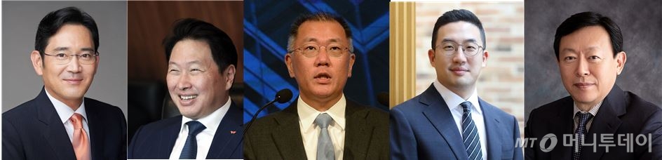 이재용 삼성전자 부회장, 최태원 SK 회장, 정의선 현대기아차 그룹 회장, 구광모 LG 회장, 신동빈 롯데 회장(사진 왼쪽부터)/사진제공=각사 종합