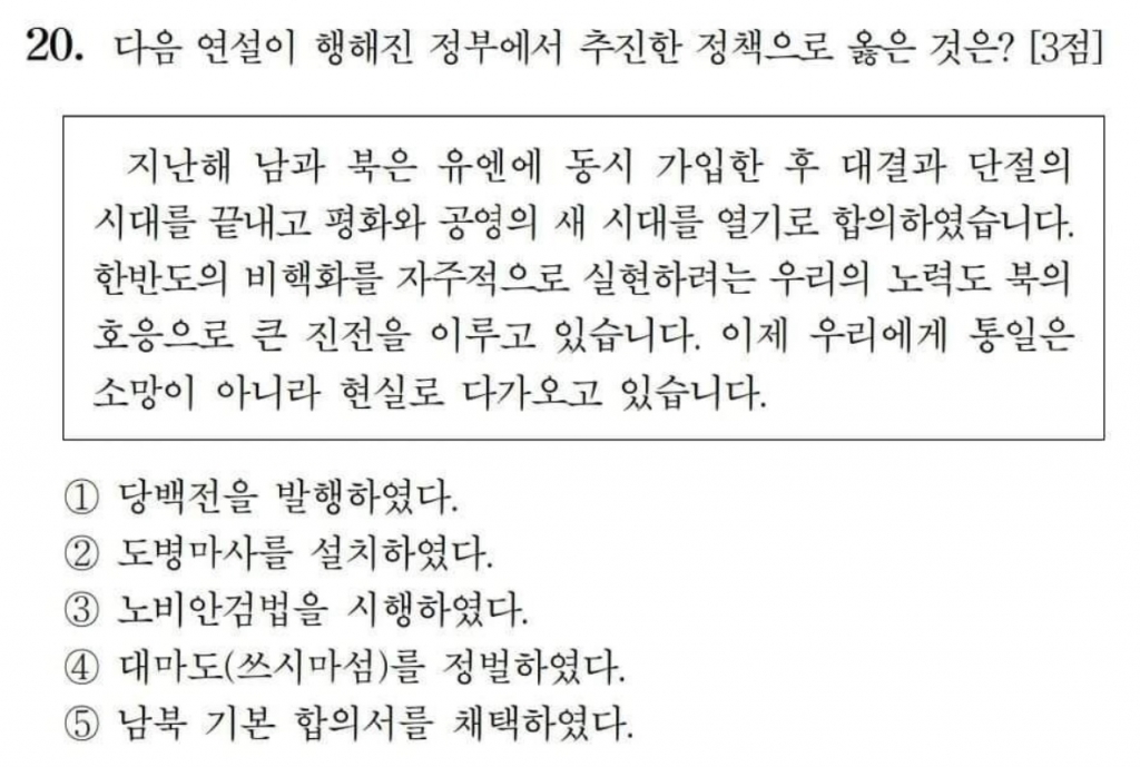 '2021학년도 대학수학능력시험' 한국사 영역 20번 문제./사진=한국교육과정평가원