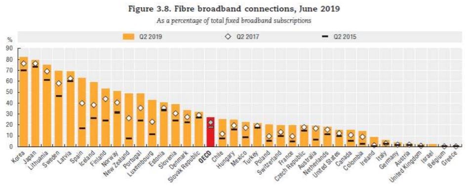 25/30 Mbps, 100Mbps 이상 유선인터넷 가입자 비율/자료=oecd