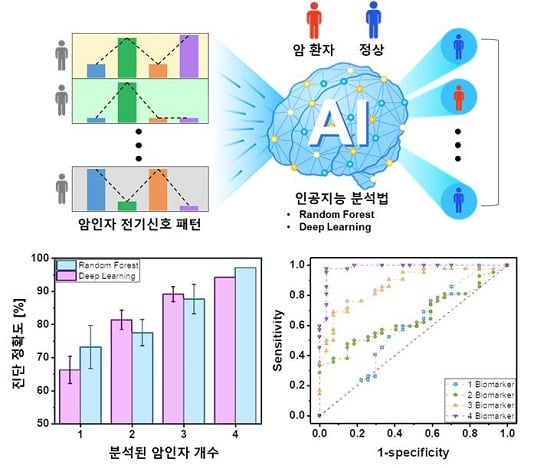 암인자들의 복잡한 신호 패턴을 다수 확보하여 인공지능 분석법을 활용해 암과 정상을 100% 가까운 수치로 정밀 진단하는 데 성공함/사진=KIST