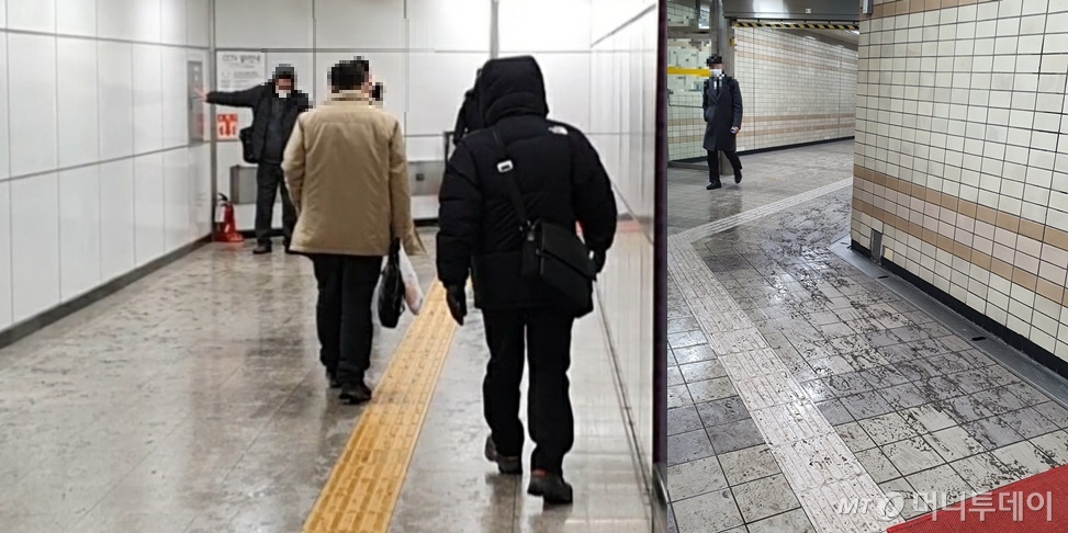 서울지하철 4호선 신용산역 5번 출구와 연결된 복도(왼쪽)과 혜화역 4번 출구(오른쪽) 아래 복도의 7일 저녁 퇴근길 모습. 눈이 제대로 치워지지 않은 데다가 미끄러짐 경고도 보이지 않았기에 시민들은 불편이나 낙상 사고 위험을 겪어야 했다. /사진=정경훈 기자