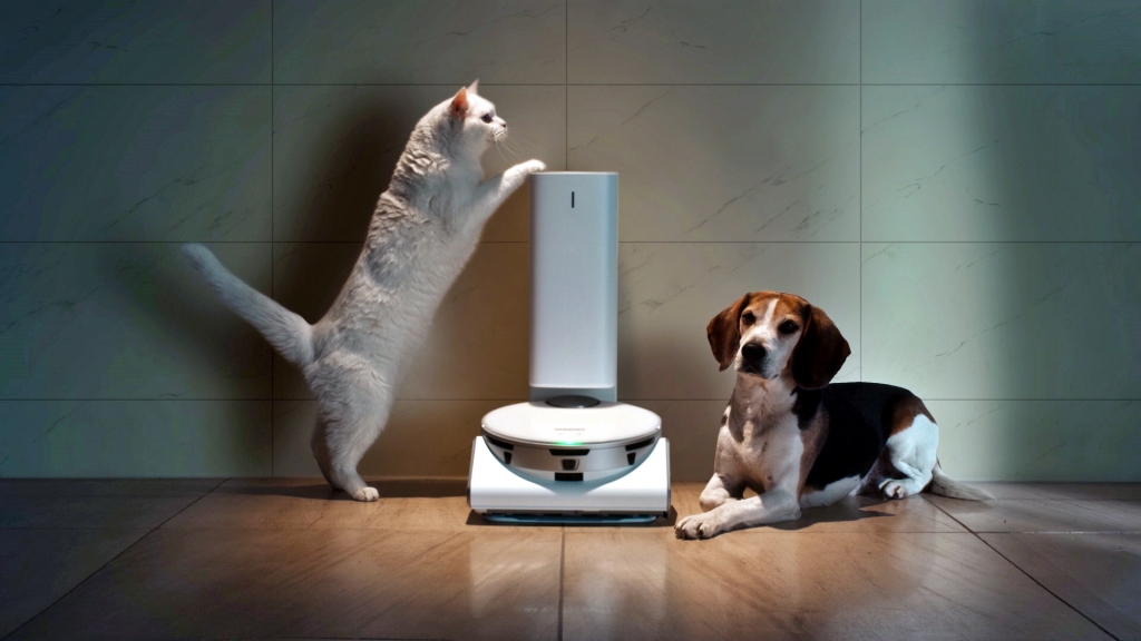 CES 2021 삼성 프레스컨퍼런스에 소개된 '삼성 제트봇 AI' 로봇청소기와 '스마트싱스 펫(SmartThings Pet)' 케어 서비스 /사진제공=삼성전자