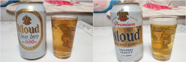 롯데칠성음료 무알코올 맥주 '클라우드 클리어 제로'(왼쪽), 맥주 '클라우드' /사진=이영민 기자
