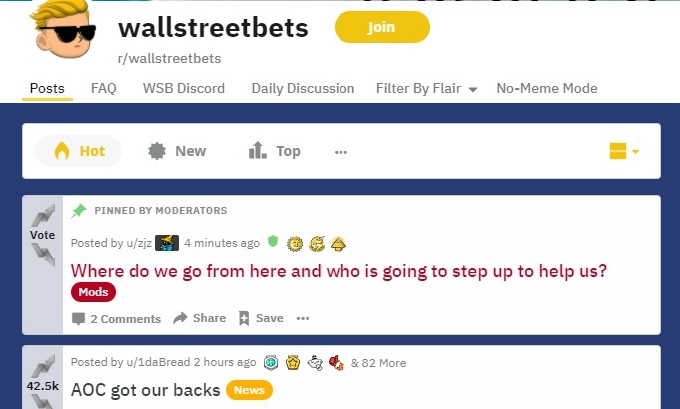 레딧의 월스트리트벳츠 홈피 갈무리