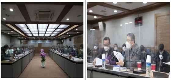 김상범 서울교통공사 사장(오른쪽 사진)이 지난 18일 대구에서 열린 6개 운영기관 노사대표자 공동협의회에서 발언하고 있다./사진제공=서울교통공사