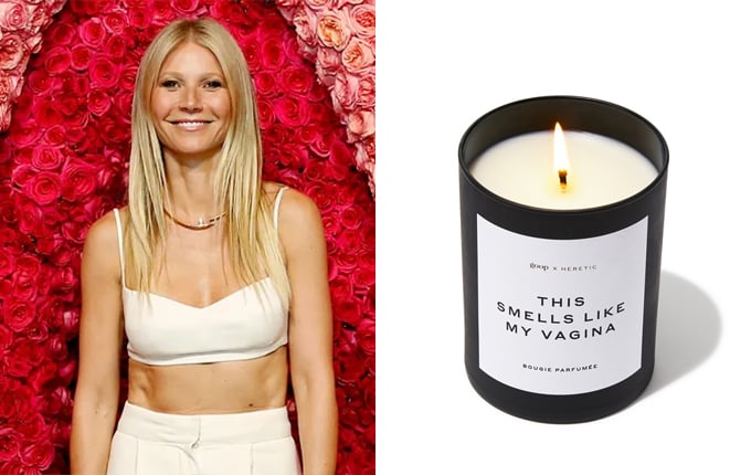 할리우드 배우 기네스 펠트로와 그가 론칭한  'This Smells Like My Vagina'(내 질냄새와 비슷한 향) 이름의 향초./사진=AFP/뉴스1, 구프(Goop) 홈페이지