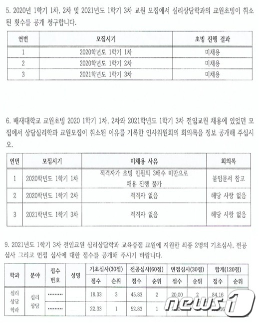 배재대 정보공개 청구 회신 © 뉴스1