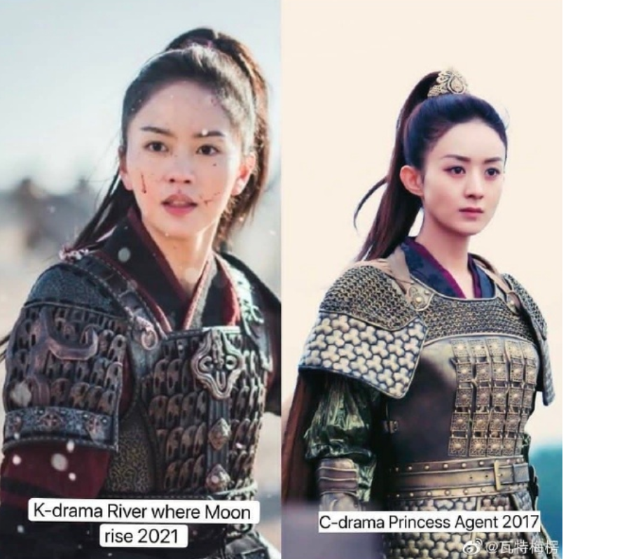 중국 누리꾼이 고구려 시대를 배경으로 한 KBS 2TV 월화드라마 '달이 뜨는 강' 속 배우 김소현의 의상을 중국 시대극 의상과 비교하면서 표절을 주장하고 있다./사진=웨이보 캡처