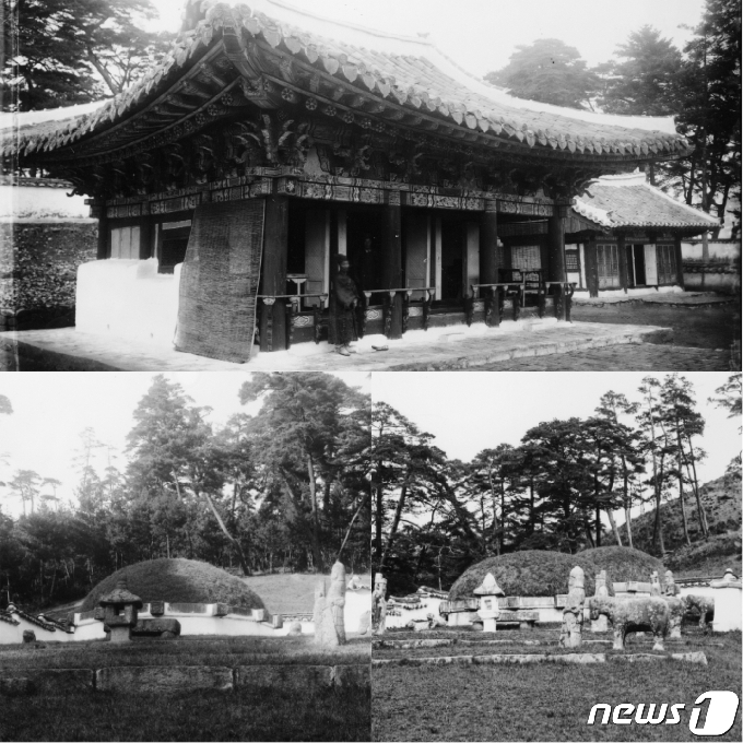 조선 초기에 함흥본궁과 함께 세워진 영흥본궁 정전과 이안전(移安殿) 전경(위), 태조 이성계의 조부 이춘(李椿, 도조)의 묘인 의릉(義陵, 아래 왼쪽), 이성계의 부모인 이자춘(李子春, 환조)과 의혜왕후의 묘인 정·화릉(定和陵, 아래 오른쪽). 일제강점기 때 촬영한 사진이다. (국립중앙박물관 제공) 2021.02.27.© 뉴스1
