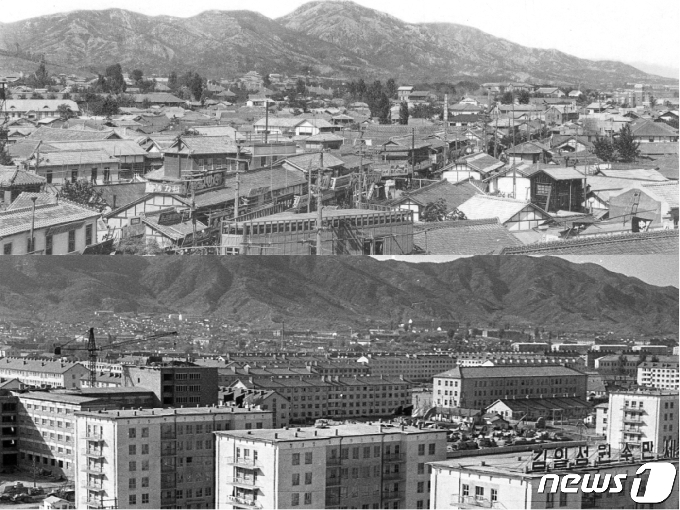 일제강점기 때 촬영한 반룡산(동흥산) 남쪽 함흥시내의 모습과 1960년대 건설 중인 함경시내의 모습. (미디어한국학 제공) 2021.02.27.© 뉴스1