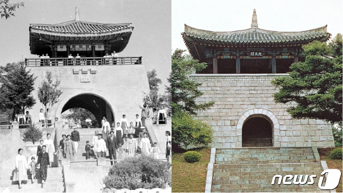 1937년 건설된 '함흥전망대' 건물이 그대로 남아 있던 1960년대 구천각 모습과 새로 복원된 구천각의 모습. 축대가 콘크리트에서 화강암으로 바뀌고, 문루도 변화된 것을 알 수 있다. (미디어한국학 제공) 2021.02.27.© 뉴스1