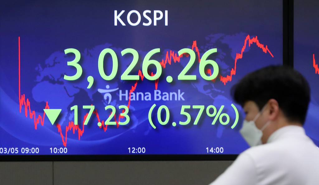 [서울=뉴시스]배훈식 기자 = 5일 오후 서울 중구 KEB하나은행 전광판에 코스피가 전 거래일보다 17.23포인트(-0.57%) 내린 3026.26 포인트를 나타내고 있다. 2021.03.05. dahora83@newsis.com