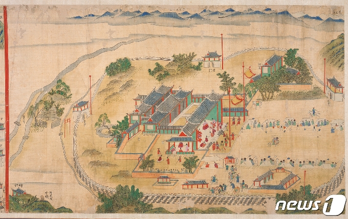 1664년(현종 5)에 실시된 과거시험인 북관별시를 묘사한 '북관별과도(北關別科圖)'에 포함돼 있는 길주성과 관아의 모습. 위쪽에 장백산(백두산)과 마천령산맥이 묘사돼 있다. (국립중앙박물관 제공) 2021.03.06.© 뉴스1