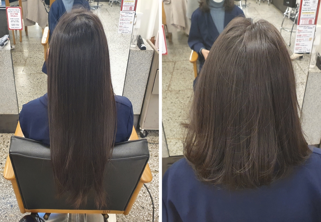 김선혜씨(가명, 25)가 10일 강남구의 한 미용실에서 소아암 환우에게 기부하기 위해 머리를 자르는 모습. / 사진 = 박수현 기자