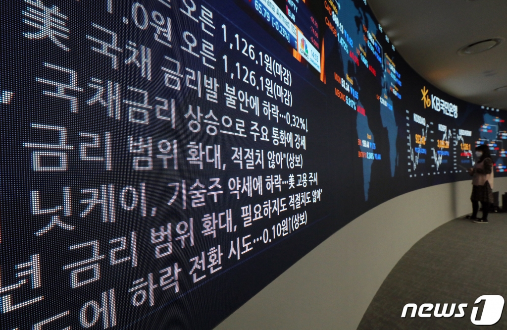 (서울=뉴스1) 박세연 기자 = 5일 오후 서울 영등포구 KB국민은행 여의도지점 딜링룸 전광판에 미국 국채 금리발 불안에 한국을 비롯한 아시아 증시가 하락 마감했다는 뉴스가 나오고 있다. 이날 코스피 지수는 전일 대비 17.23포인트 내린 3,026.26에 마감했다. 2021.3.5/뉴스1  