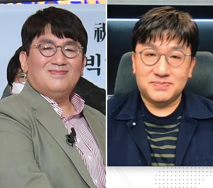 빅히트 엔터테인먼트 방시혁 의장의 2020년 10월 모습(왼쪽) 2021년 3월 모습(오른쪽)/사진=머니투데이 DB, 빅히트 레이블즈 유튜브 영상 캡처