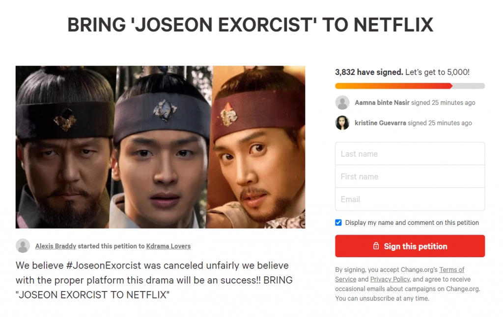 g'조선구마사를 넷플릭스에 올려달라'는 한 해외 팬의 청원. 수천명이 서명한 상태다. /사진=change.or