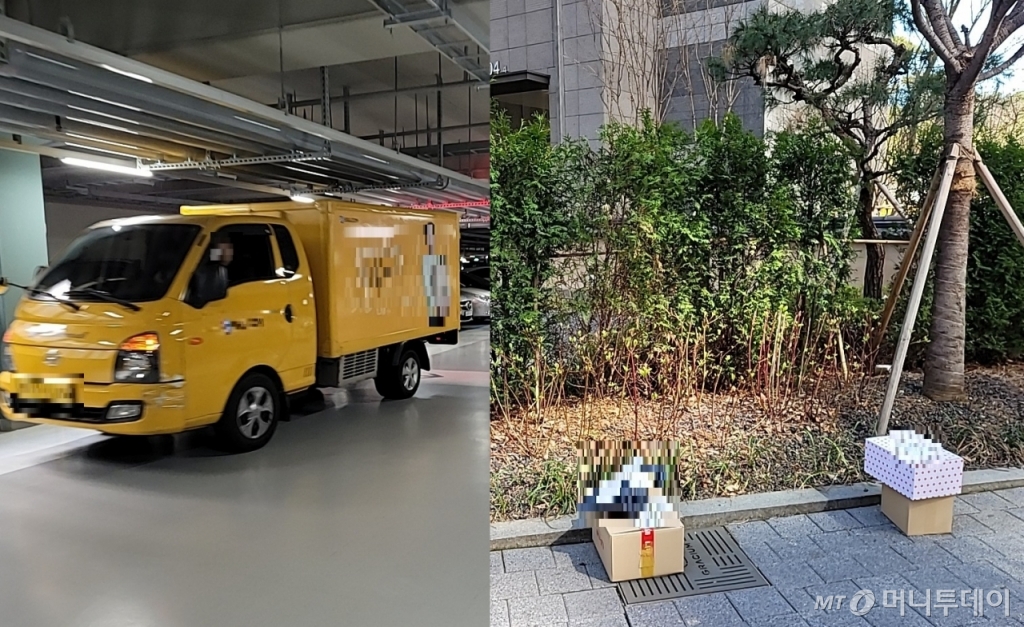 5일 '택배 대란'이 발생한 아파트의 지하주차장에 정차한 개조 택배 차량(왼쪽)과 아파트 도로 위에 택배가 방치돼 있는 모습(오른쪽) / 사진 = 오진영 기자