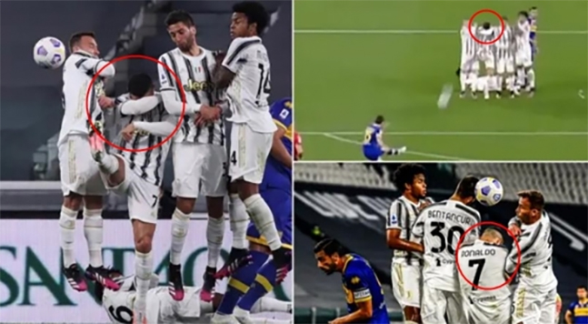 22일 파르마전에서 수비 중 얼굴을 감싼 호날두(동그라미 안)./사진=스포츠 바이블 캡처