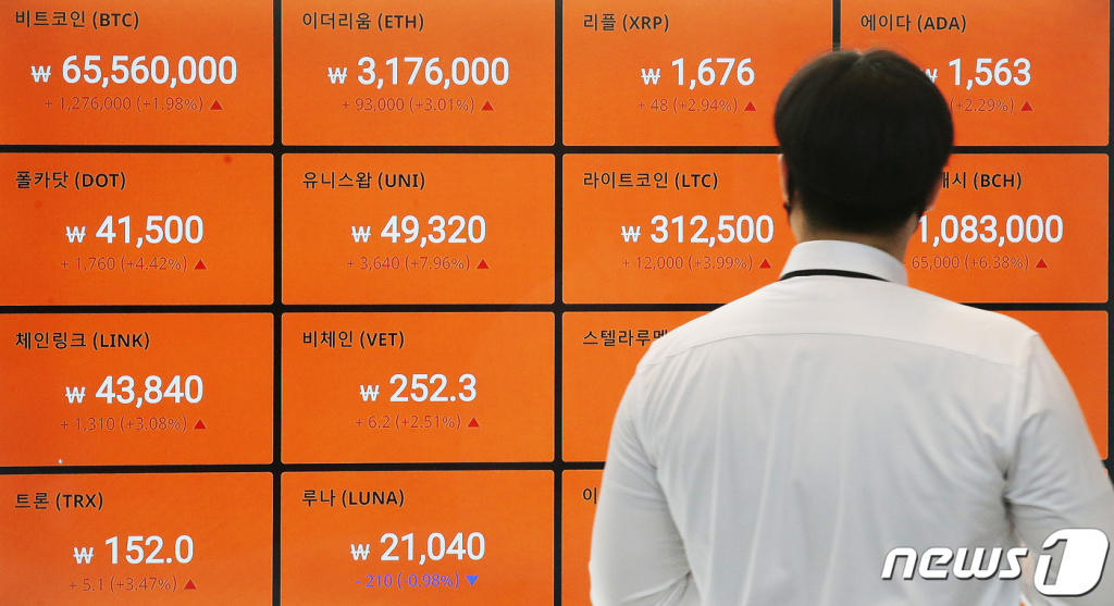 (서울=뉴스1) 임세영 기자 = 28일 서울 강남구 암호화폐(가상화폐) 거래소 빗썸 강남고객센터에 비트코인을 비롯한 암호화폐 시황이 표시되고 있다. 2021.4.28/뉴스1  