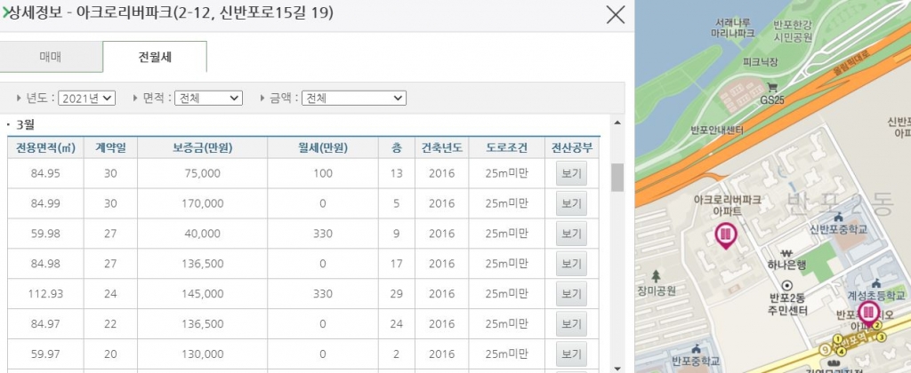 국토부 실거래가 공개사이트, 서울 서초구 아크로리버파크 전월세 정보 