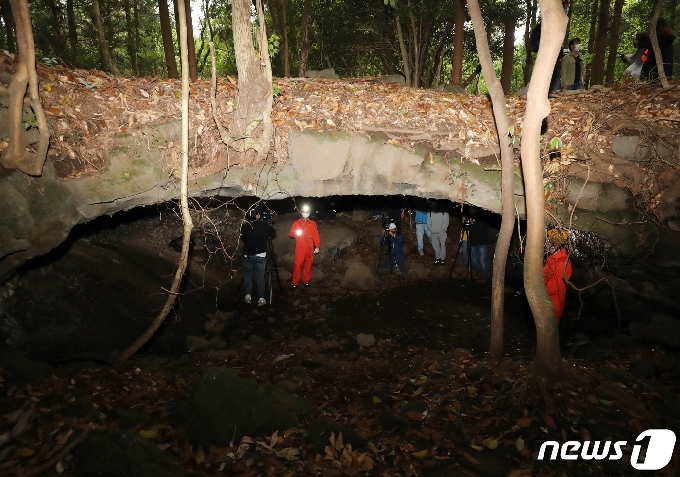 세계유산축전 관계자들과 취재진이 4일 오후 제주 벵뒤굴 용암교를 탐방하고 있다. 이곳은 넷플릭스 드라마 '킹덤'의 배경이 되기도 했다. 오는 10월 1일부터 17일까지 17일 동안 진행되는 2021 세계유산축전에서는 비공개 장소였던 벵뒤굴과 만장굴 전구간이 일시적으로 공개된다.2021.5.4/뉴스1 © News1 오현지 기자