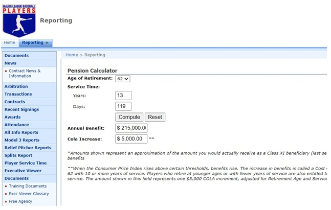 메이저리그 연금 계산기.   /사진=MLB 선수협회 홈페이지 캡처