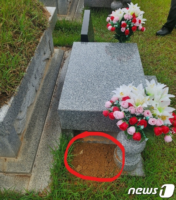 윤석열 전 검찰총장의 조부가 안장된 세종시 한 공원묘원. 윤 전 총장 조부 묘 봉분 앞 상석 가장자리에 최근 보수작업을 한 흔적이 남아 있다. /2021.5.21/©뉴스1 이정현 기자