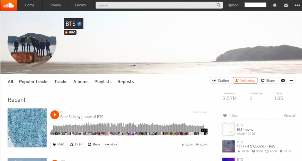 방탄소년단 사운드클라우드 페이지.