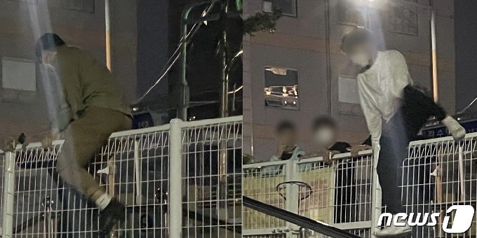 인원 수 제한으로 입장하지 못한 이들이 부산 수영구 민락수변공원 펜스를 무단으로 넘어 들어가고 있다.2021.6.5/ © 뉴스1 이유진 기자
