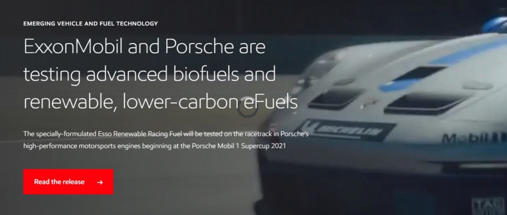 엑손모빌이 자동차 회사인 포르쉐와 바이오연료 및 저탄소 에너지 개발을 위한 테스트를 함께 진행하고 있음을 알려는 홈페이지 내용/사진제공=엑손모빌 홈페이지.