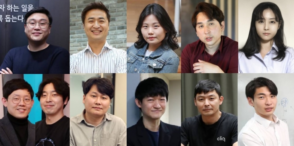 (왼쪽위부터 시계방향)류태섭 마이온 대표, 김민교 빅웨이브로보틱스 대표, 김지연 리브애니웨어 대표, 김우진 비즈니스캔버스 대표, 이지현 시즐 대표, 강상윤 티클 대표, 강선혁 오트웍스 대표, 박상진 비욘드넥스트 대표,손양덕 로지켓 대표, 최윤진 타운즈 대표, 정종규 타운즈 대표/사진=이기범 기자 leekb@, 김휘선 기자 hwijpg@