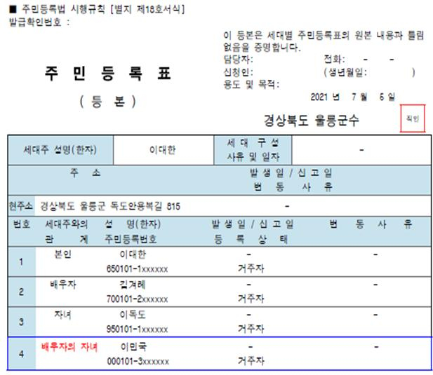 현행 재혼가정의 주민등록등본 예시 /사진제공=행정안전부