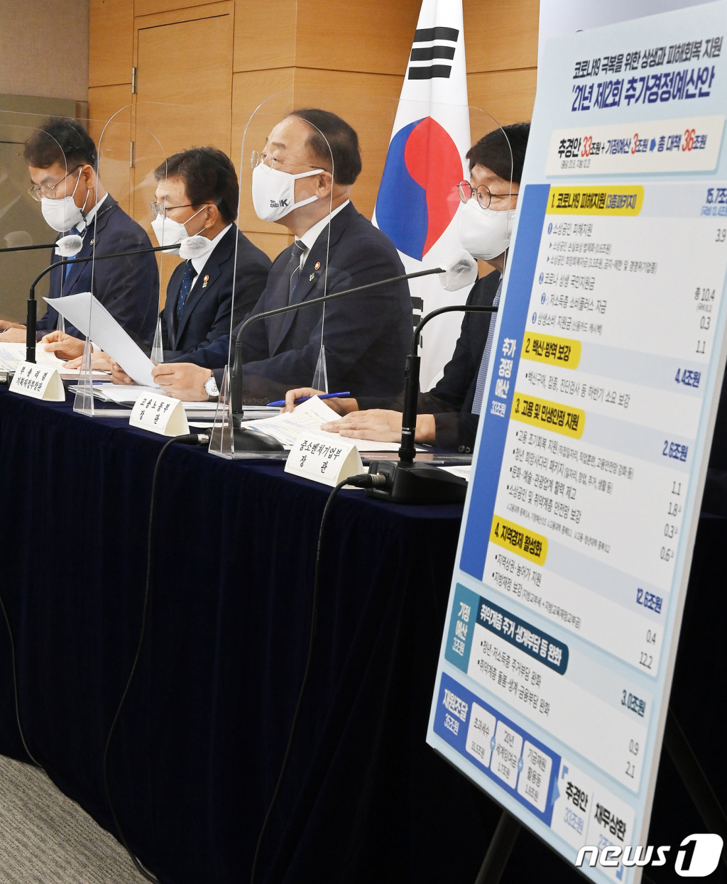홍남기 부총리가 지난달 29일 오전 서울 종로구 정부서울청사에서 '2021년 제2회 추가경정예산안'을 브리핑하고 있다. 오른쪽 부터 안경덕 고용노동부 장관, 홍 부총리, 권덕철 보건복지부 장관, 이재영 행정안전부 차관./사진 = 뉴스1