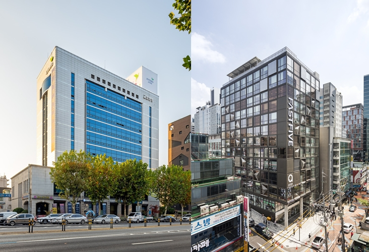 코람코자산신탁이 가치부가 블라인드펀드 1호로 투자 및 개발에 성공한 건물 전경. 사진 왼쪽이 케이스퀘어 사당, 오른쪽이 케이스퀘어 강남 Ⅰ. /사진제공=코람코자산신탁