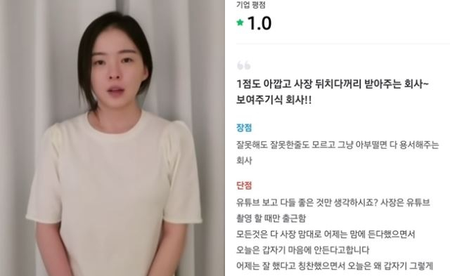 유튜버 하늘(왼쪽)이 운영하던 쇼핑몰에 달린 잡플래닛 리뷰 /사진=하늘 유튜브 영상 화면, 잡플래닛 캡처