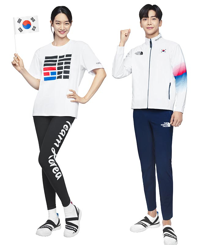 'K-에코 팀코리아 컬렉션’을 착용한 노스페이스 홍보대사 신민아 및 로운/사진제공=노스페이스