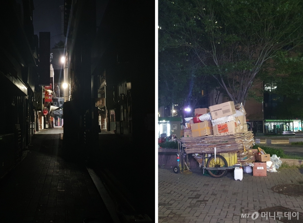 30일 서울 중구 명동의 밤거리가 불이 꺼진 모습(왼쪽)과 명동에서 모은 재활용 휴지가 쌓여 있는 모습(오른쪽). / 사진 = 오진영 기자