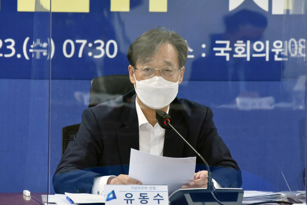  유동수 민주당 정책위 수석부의장이 지난 6월23일 오전 서울 여의도 국회 의원회관에서 열린 더불어민주당 정책위원회 가상자산TF 1차회의에서 인사말을 하고 있다. / 사진제공=뉴시스