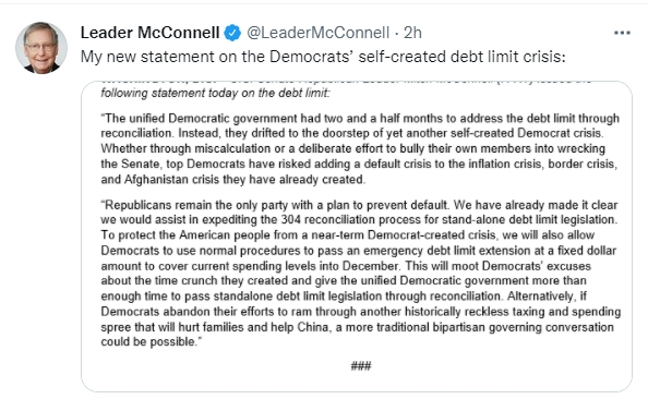 미치 맥코넬 공화당 상원 원내대표가 트위터에 올린 성명