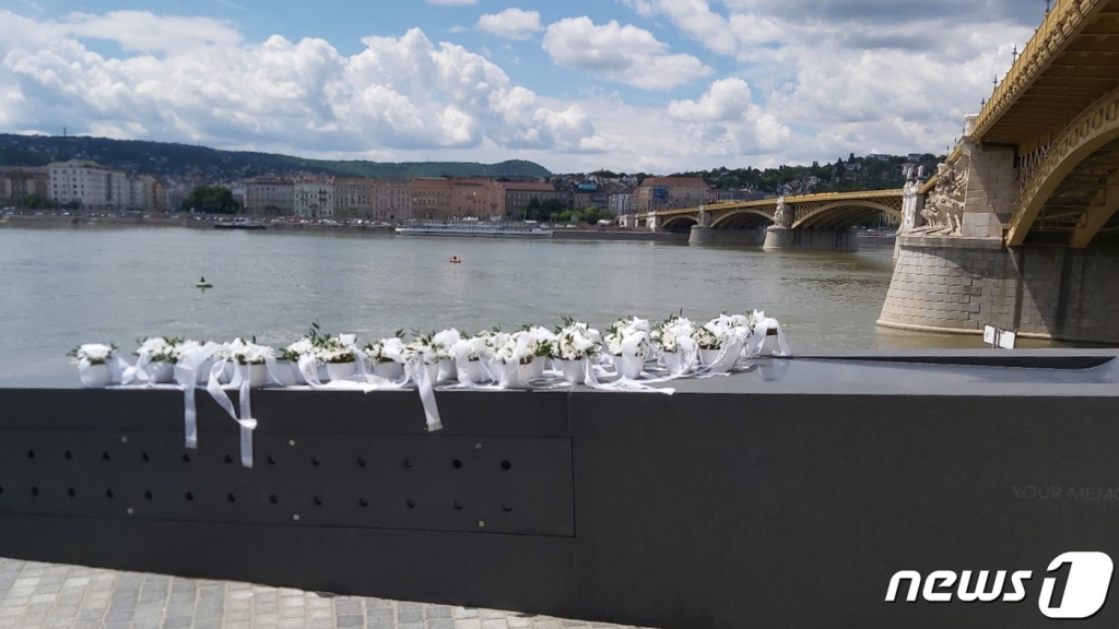 (서울=뉴스1) = 31일(현지시간) 헝가리 다뉴브강 머르기트(Margit) 교량 옆에서 열린 유람선 허블레아니 호 침몰사고 2주기 추모 조형물 제막식이 열렸다. 이날 제막된 추모조형물에 놓인 국화 모습. (외교부 제공) 2021.6.1/뉴스1  