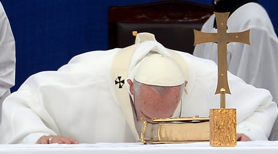 = 15일 오전 대전 월드컵경기장에서 열린 '성모승천대축일 미사'에서 프란치스코 교황이 미사를 집전하고 있다.(사진공동취재단) 2014.08.15/뉴스1  