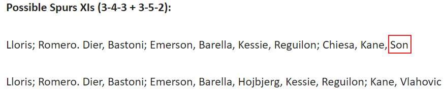 이탈리아 5인방이 합류할 경우, 토트넘 예상 베스트11. 3-4-3 포메이션에서는 손흥민(빨강색 네모)의 이름이 보이나 3-5-2 포메이션에서는 손흥민 대신 블라호비치의 이름이 올라 있다. /사진=스퍼스 웹 홈페이지 갈무리