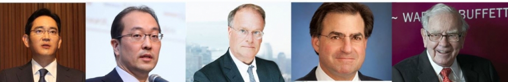 워런 버핏 버크셔 해서웨이 회장에게로 가는 길. 사진 왼쪽부터 이재용 삼성전자 부회장(이하 2015년 당시 직책)→정형진 골드만삭스 한국 대표→크리스 콜 골드만삭스 IB부문 회장(현 Ardea Partners LP 회장) →존 S. 와인버그 골드만삭스 부회장(현 Evercore 회장)→워런 버핏 회장/사진제공=머니투데이 DB, Ardea Partners, Evercore 홈페이지 캡처. 