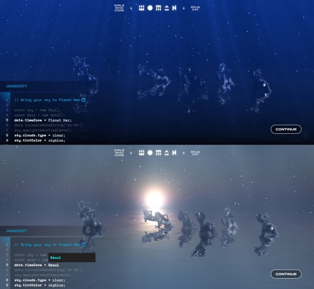 팝스타 도자캣의 곡 '우먼(Woman)'의 코더블 뮤직비디오 중 한 장면. 6일 오전 7시50분쯤 자바스크립트 시간대 옵션을 서울(Seoul)로 바꾸자 어두웠던 하늘이 한국 시간대에 맞춰 해가 떠오르는 하늘로 바뀐다. /사진=걸스후코드 캡처