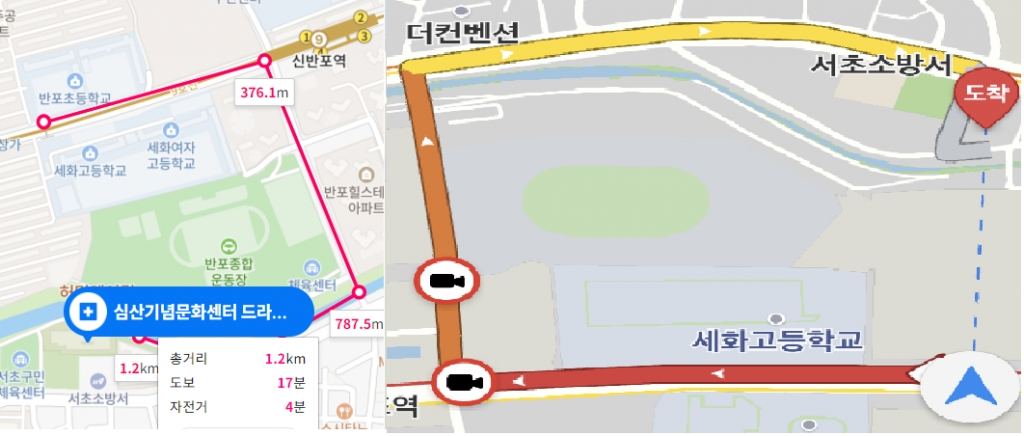 지난 9일 오전 9시 서울 서초구 세화고등학교 앞 2차선 도로는 1시간동안 120m 가량을 움직였다. / 사진= 네이버 지도 및 카카오 네비게이션 어플 