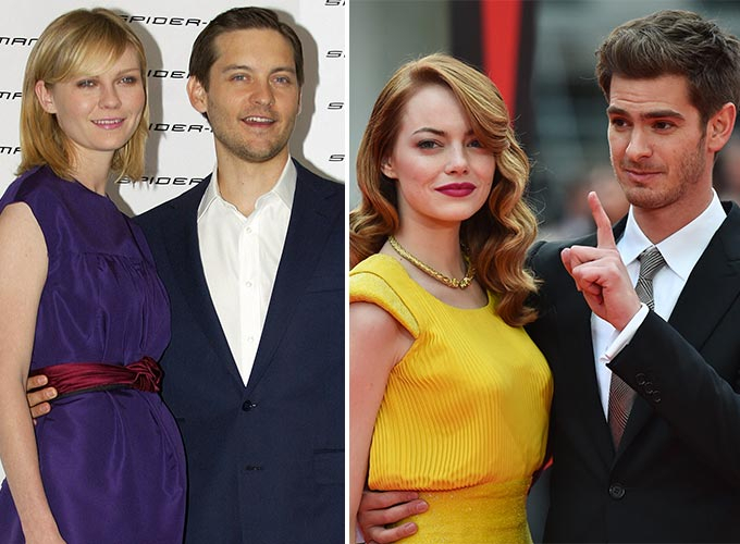 영화 '스파이더맨'에서 메리 제인(MJ)과 피터 파커 역으로 호흡을 맞췄던 배우 커스틴 던스트와 토피 맥과이어, 엠마 스톤과 앤드류 가필드/사진=AFP/뉴스1
