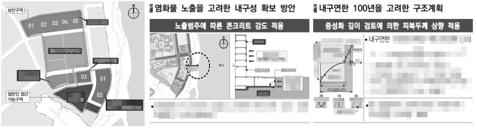 왼쪽은 첨단연구행정시설과 원자력시설, 오폐수처리시설 등 보안 구역 위치가 나타난 사진. 오른쪽은 원자로 시설에 대한 콘크리트 강도나 내구 연한을 고려한 구조 계획 등이 담겨 있다. / 사진=김인한 기자