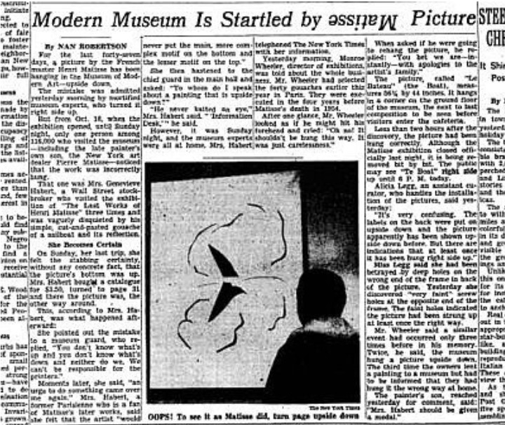 "'앙리 마티스' 작품이 거꾸로 전시됐다" 1961년 12월 뉴욕타임스에 게재된 기사