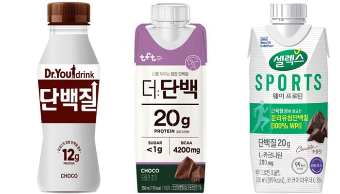 사진 왼쪽부터 오리온 닥터유 드링크 초코맛, 빙그레 더:단백 드링크 초코, 매일유업 스포츠 셀렉스 웨이프로틴 드링크./사진제공=오리온, 빙그레, 매일유업
